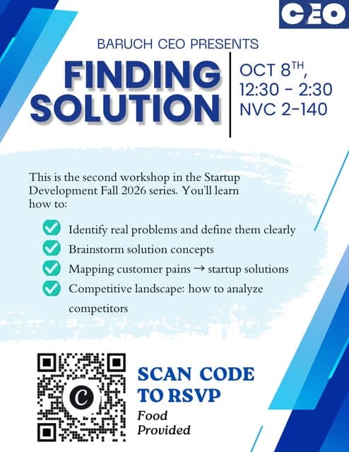 Finding Solution flyer: the second Start-Up Development workshop, October 8, 12:30 to 2:30 PM, NVC 2-140